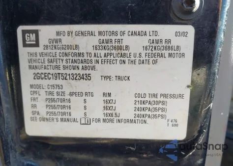 2002 Chevrolet Silverado 1500 Lt из США, поврежденный, VIN 2GCEC19T521323435